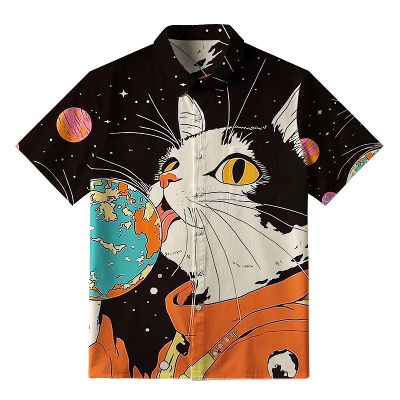 Tokyo-Tiger Astronaut Cat Licks Earth Lollipop Button-up Shirt