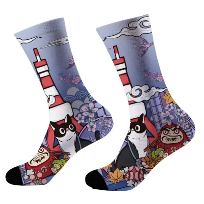 Tokyo-Tiger Tokyo Tower Landscape With Cat Socks