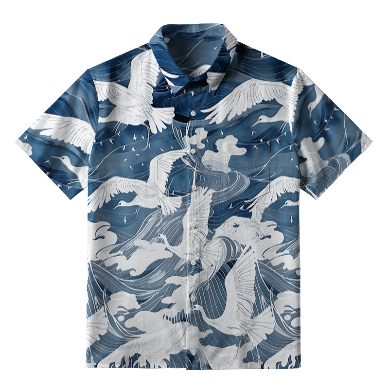 Tokyo-Tiger Graceful Cranes On Waves Button-up Shirt