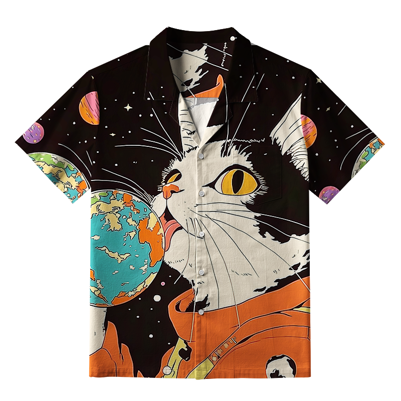 Tokyo-Tiger Astronaut Cat Licks Earth Lollipop Aloha Hawaiian Shirt