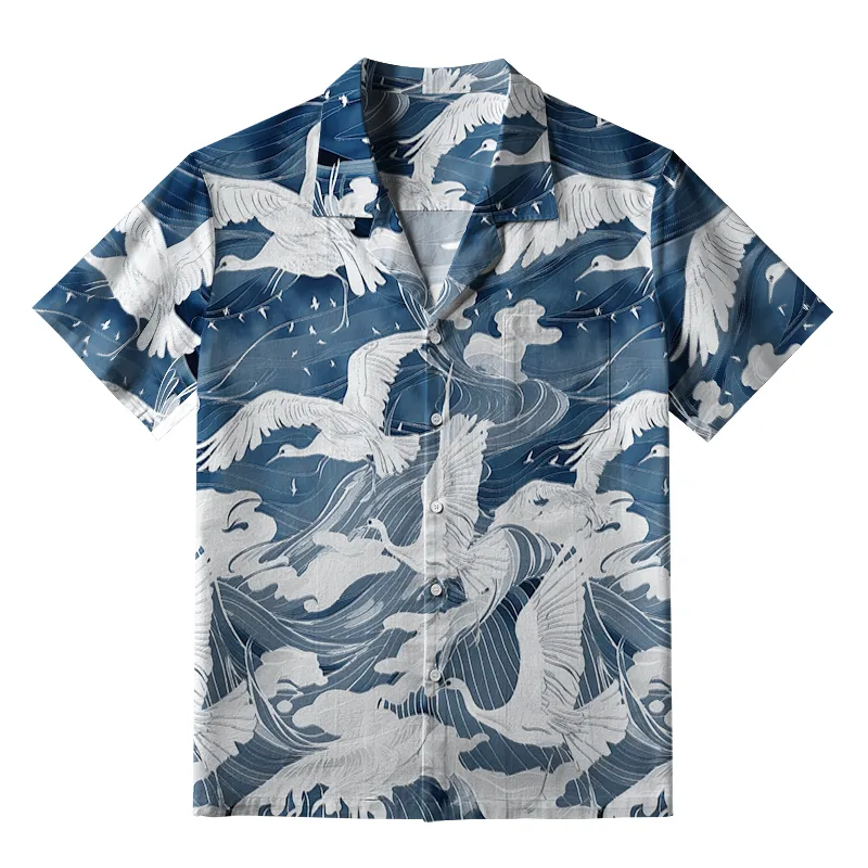 Tokyo-Tiger Graceful Cranes On Waves Aloha Hawaiian Shirt Sale