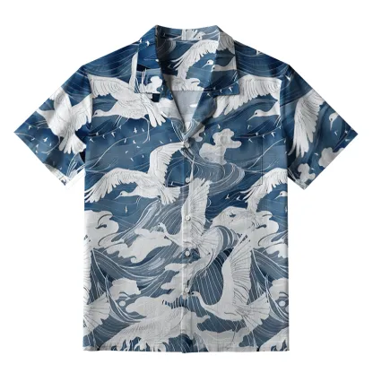 Tokyo-Tiger Graceful Cranes On Waves Aloha Hawaiian Shirt