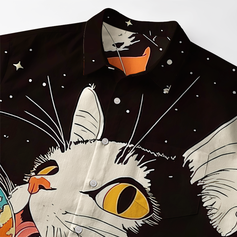Tokyo-Tiger Astronaut Cat Licks Earth Lollipop Button-up Shirt