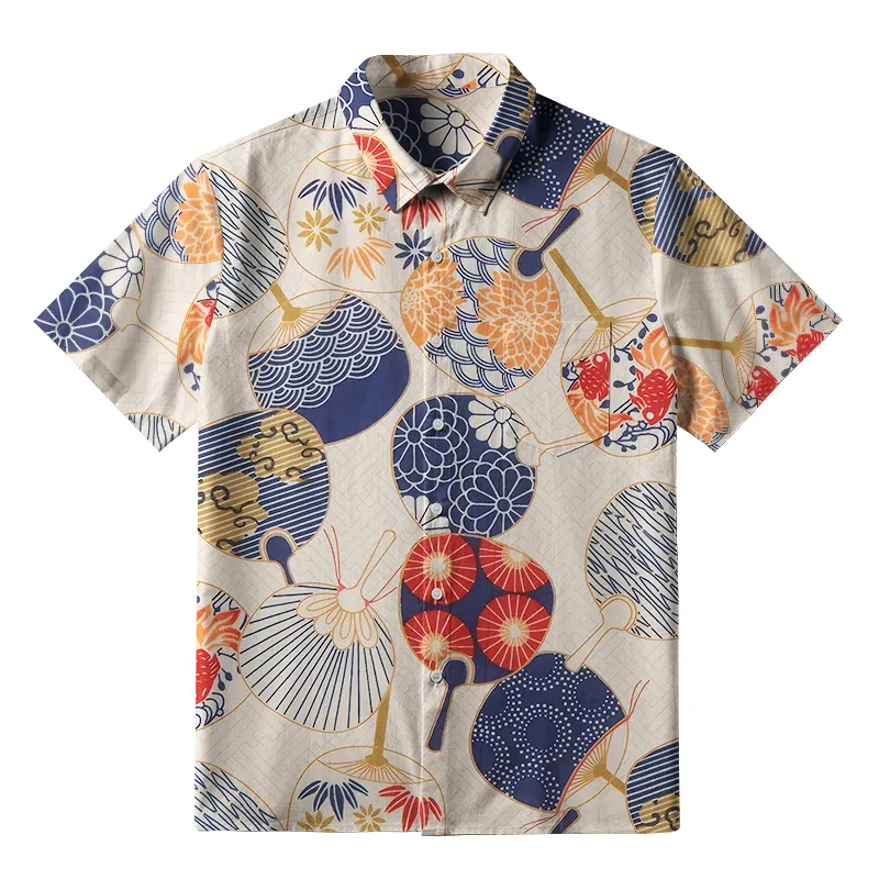 Tokyo-Tiger Japanese Uchiwa Flat Fan Button-up Shirt