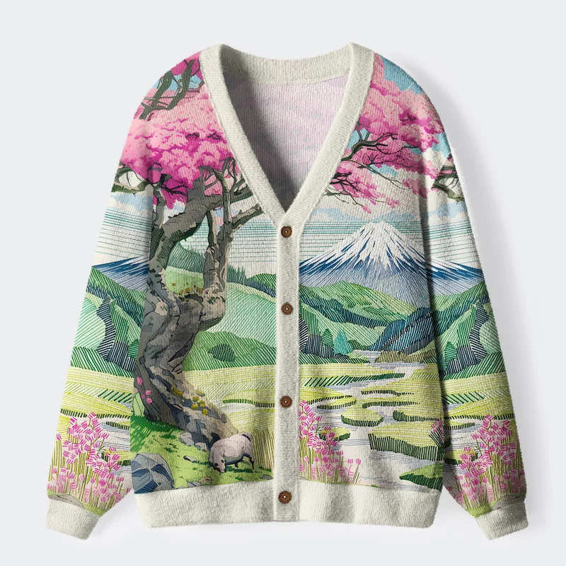 Tokyo-Tiger Mount Fuji In Spring Ugly Cardigan Sweater