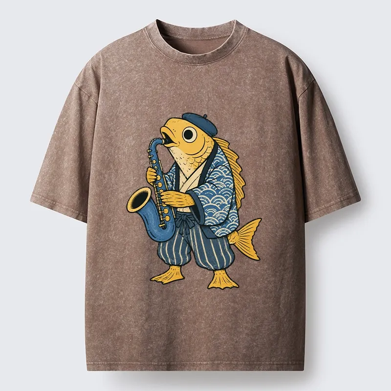 Tokyo-Tiger Jazz Sax Fish Vintage Japanese Ukiyo Art Washed T-Shirt