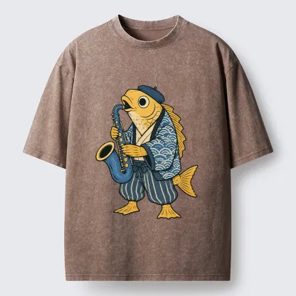 Tokyo-Tiger Jazz Sax Fish Vintage Japanese Ukiyo Art Washed T-Shirt