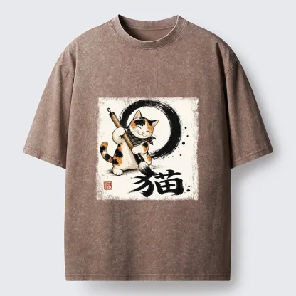 Tokyo-Tiger Calico Cat Writing Chinese Cat Kanji Washed T-Shirt