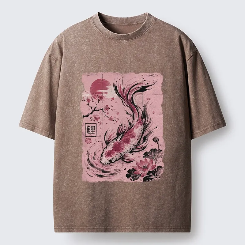 Tokyo-Tiger Sakura Lotus Koi Old Scroll Asian Tee Washed T-Shirt Sale
