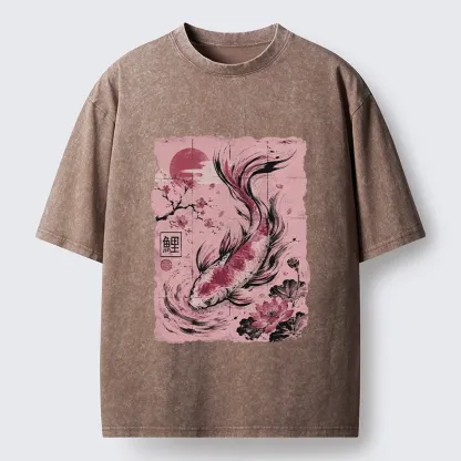 Tokyo-Tiger Sakura Lotus Koi Old Scroll Asian Tee Washed T-Shirt