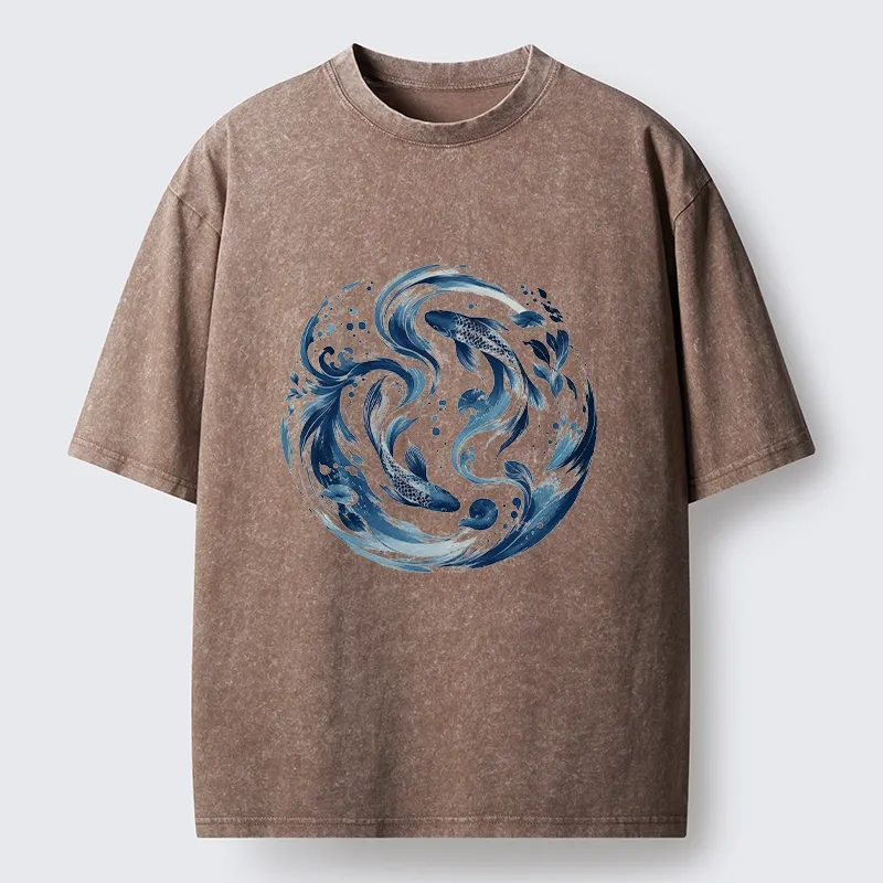 Tokyo-Tiger Monochrome Blue Yin Yang Fish Tee Washed T-Shirt Sale