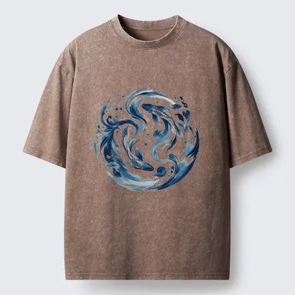 Tokyo-Tiger Monochrome Blue Yin Yang Fish Tee Washed T-Shirt