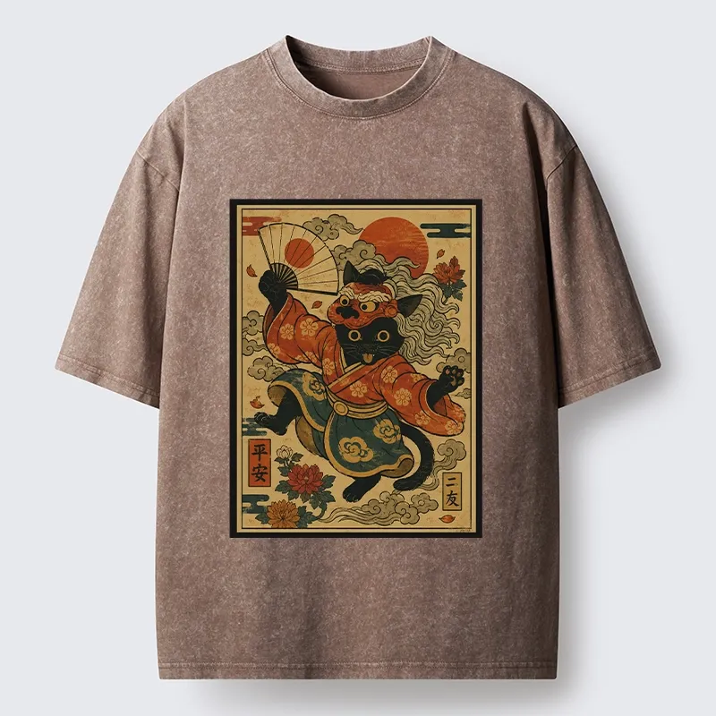 Tokyo-Tiger Kimono Cat Fan Peony Lucky Peace Print Washed T-Shirt