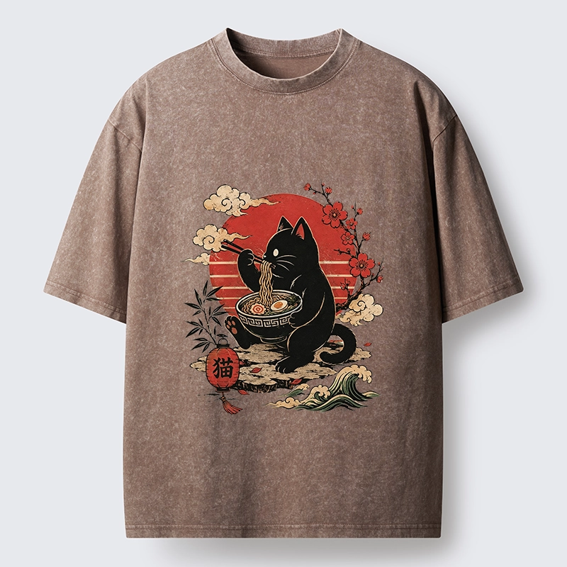 Tokyo-Tiger Black Cat Eating Ramen Cherry Blossom Art Washed T-Shirt