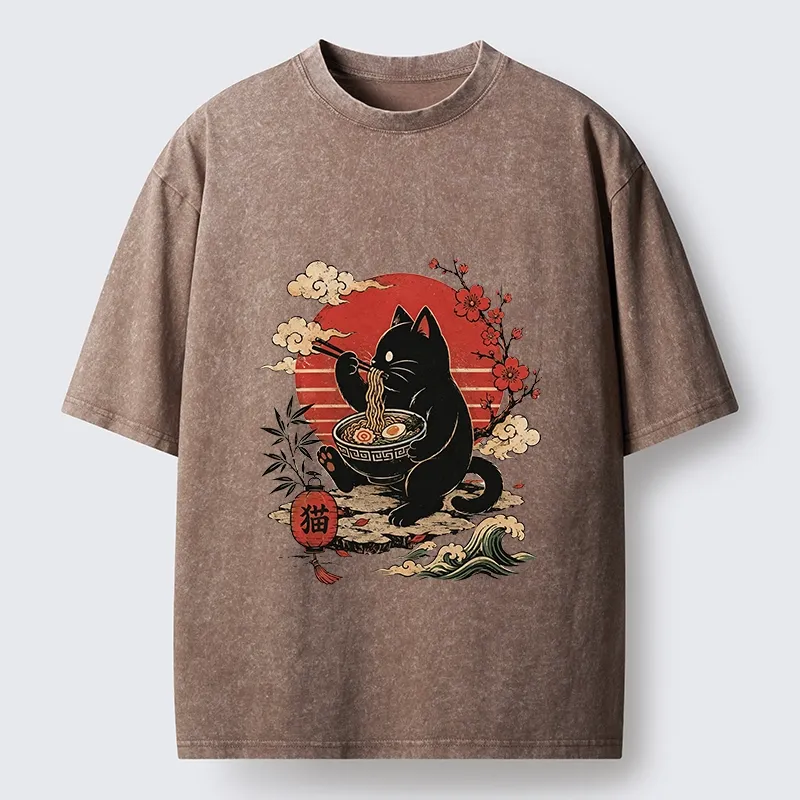 Tokyo-Tiger Black Cat Eating Ramen Cherry Blossom Art Washed T-Shirt
