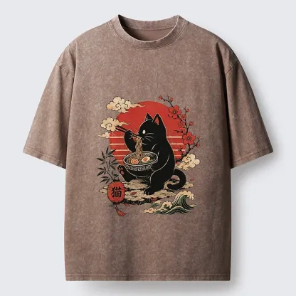 Tokyo-Tiger Black Cat Eating Ramen Cherry Blossom Art Washed T-Shirt
