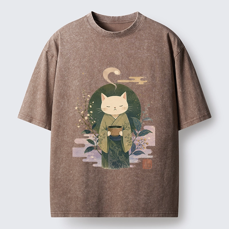 Tokyo-Tiger Soft Green Zen Cat Tea Blossom Stamp Art Washed T-Shirt