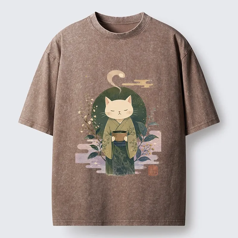 Tokyo-Tiger Soft Green Zen Cat Tea Blossom Stamp Art Washed T-Shirt