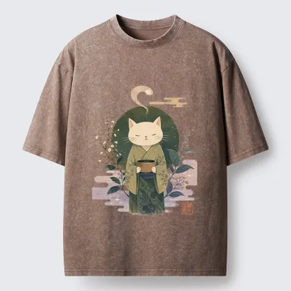 Tokyo-Tiger Soft Green Zen Cat Tea Blossom Stamp Art Washed T-Shirt