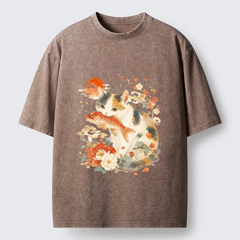 Tokyo-Tiger Traditional Japanese Cat Koi Bloom Art Washed T-Shirt