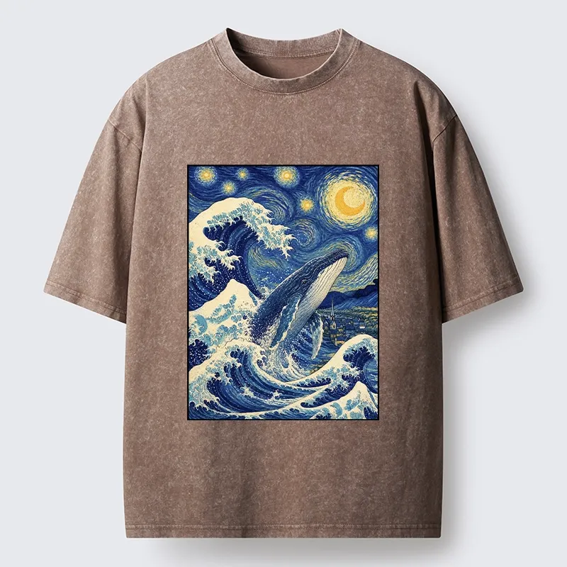 Tokyo-Tiger Starry Wave Whale Classic Art Mix Washed T-Shirt