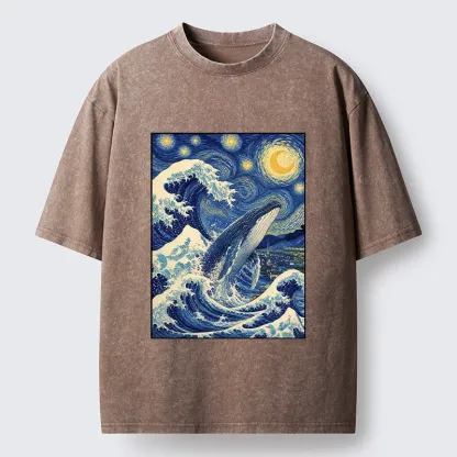 Tokyo-Tiger Starry Wave Whale Classic Art Mix Washed T-Shirt
