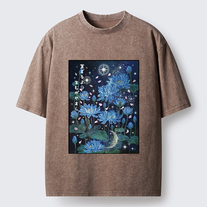 Tokyo-Tiger Night Lotus Star Soft Zen Graphic Washed T-Shirt