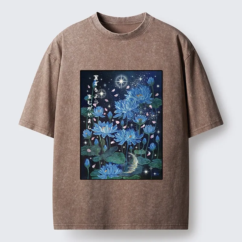 Tokyo-Tiger Night Lotus Star Soft Zen Graphic Washed T-Shirt