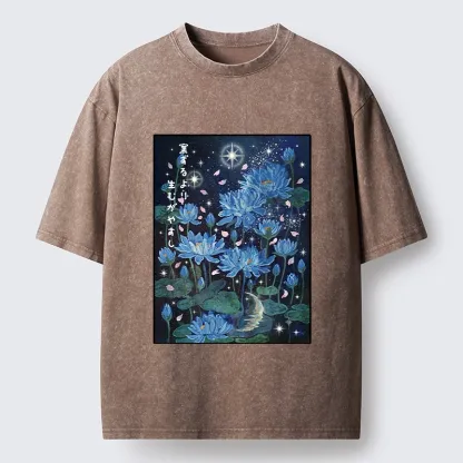 Tokyo-Tiger Night Lotus Star Soft Zen Graphic Washed T-Shirt