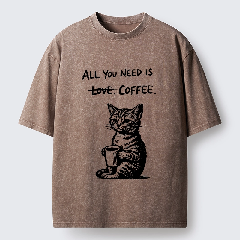 Tokyo-Tiger Cute Cat Coffee Daily Happy Vibe Washed T-Shirt