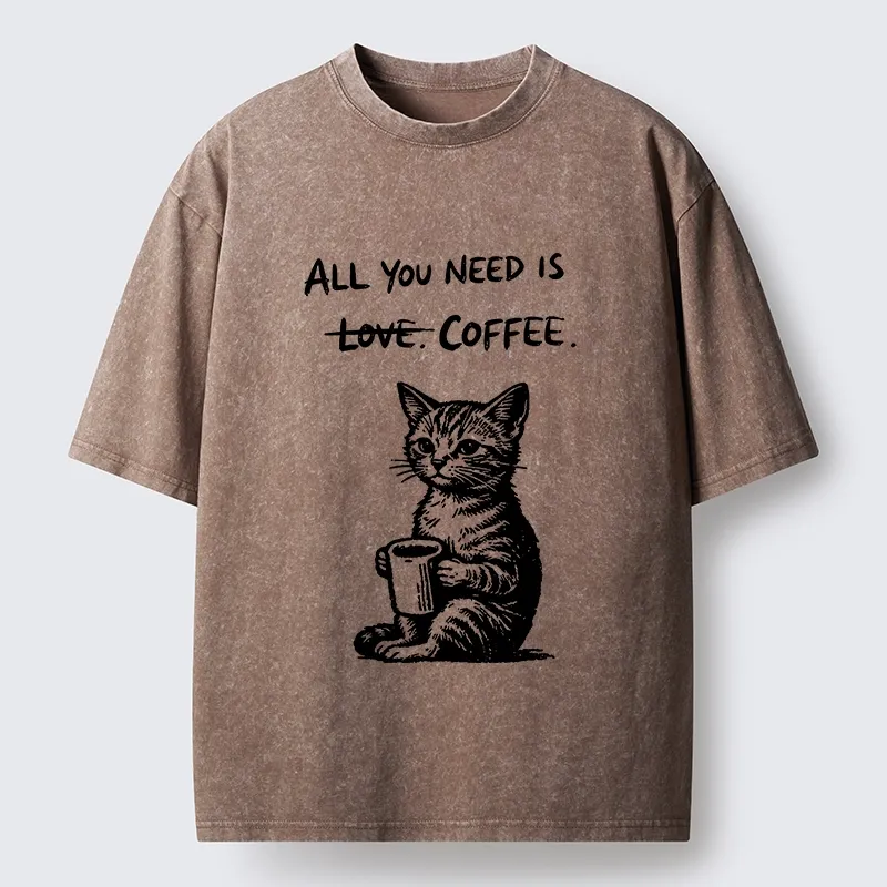 Tokyo-Tiger Cute Cat Coffee Daily Happy Vibe Washed T-Shirt