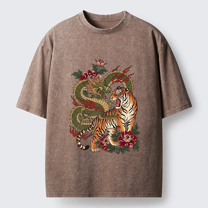 Tokyo-Tiger Vintage Asian Dragon Tiger Floral Vibe Washed T-Shirt