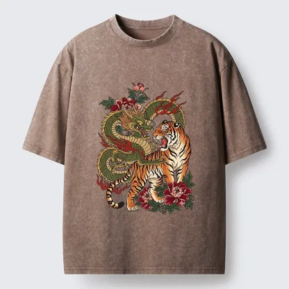 Tokyo-Tiger Vintage Asian Dragon Tiger Floral Vibe Washed T-Shirt