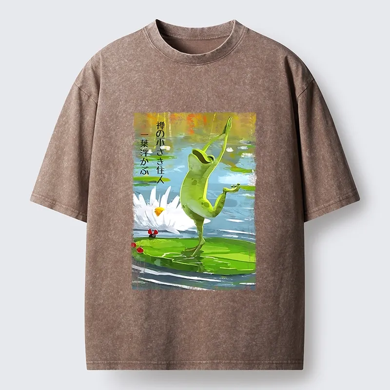 Tokyo-Tiger Yoga Frog Lotus Zen Funny Meme Washed T-Shirt