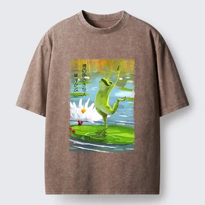 Tokyo-Tiger Yoga Frog Lotus Zen Funny Meme Washed T-Shirt