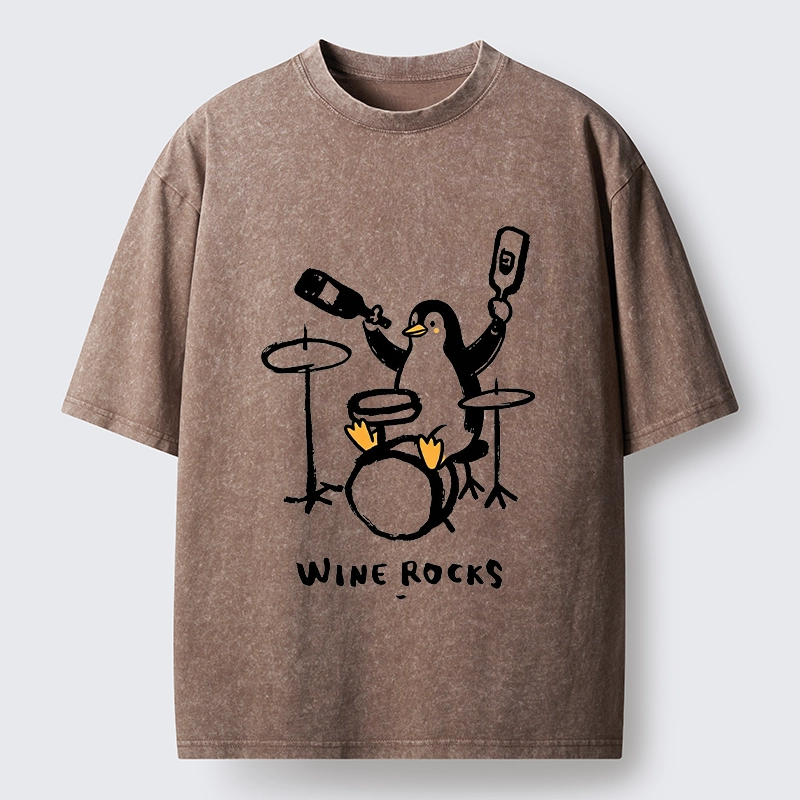 Tokyo-Tiger Cute Penguin Play Drum Drink Wine Print Washed T-Shirt