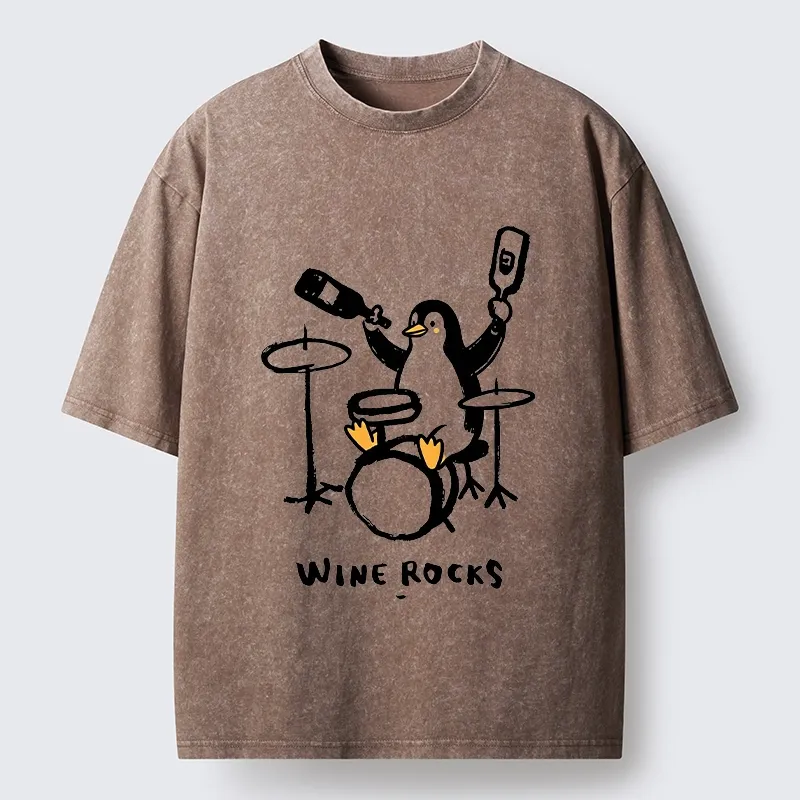 Tokyo-Tiger Cute Penguin Play Drum Drink Wine Print Washed T-Shirt