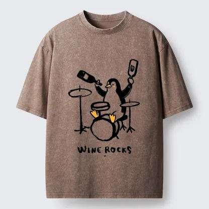 Tokyo-Tiger Cute Penguin Play Drum Drink Wine Print Washed T-Shirt