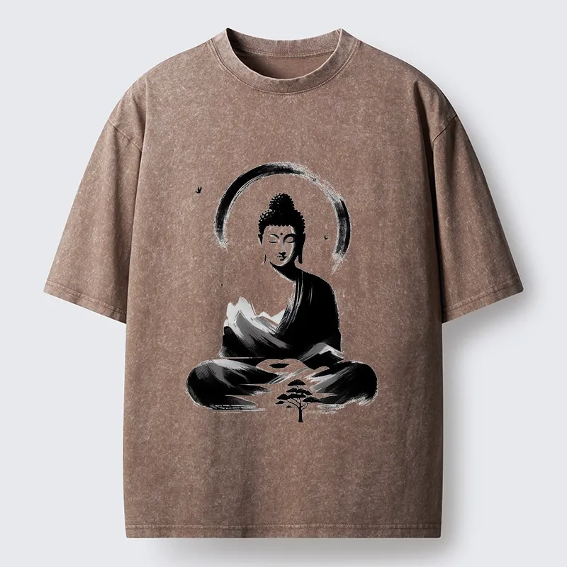 Tokyo-Tiger Serene Mountain Buddha Zen Art Washed T-Shirt