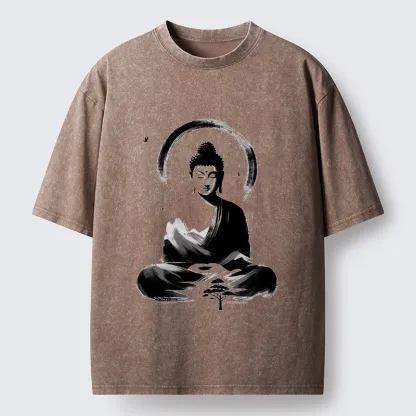 Tokyo-Tiger Serene Mountain Buddha Zen Art Washed T-Shirt