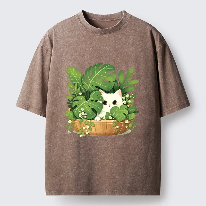 Tokyo-Tiger Sweet White Cat Green Plant Vibe Washed T-Shirt Sale