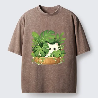 Tokyo-Tiger Sweet White Cat Green Plant Vibe Washed T-Shirt