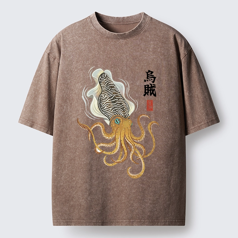 Tokyo-Tiger Ink Style Cuttlefish Japan Art Washed T-Shirt