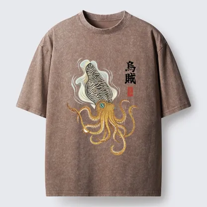 Tokyo-Tiger Ink Style Cuttlefish Japan Art Washed T-Shirt