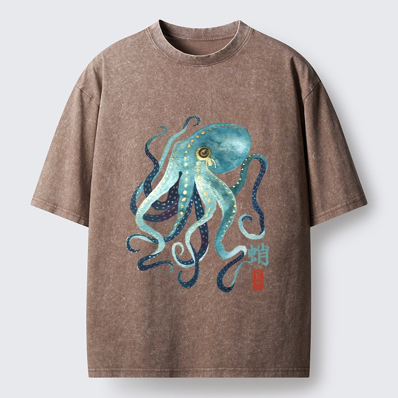 Tokyo-Tiger Soft Watercolor Octopus Japanese Art Washed T-Shirt