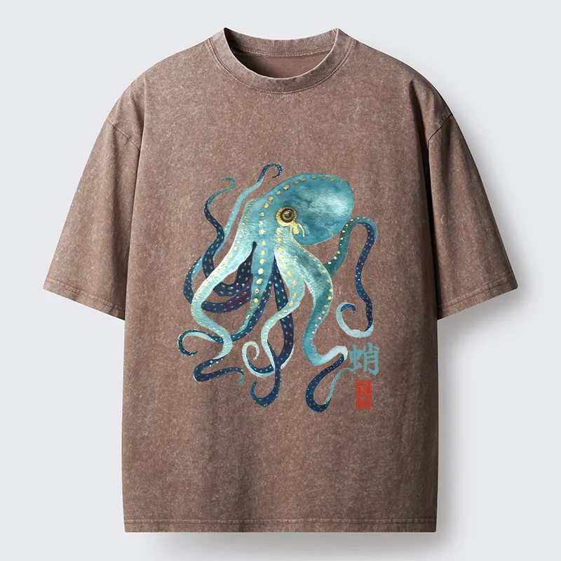 Tokyo-Tiger Soft Watercolor Octopus Japanese Art Washed T-Shirt