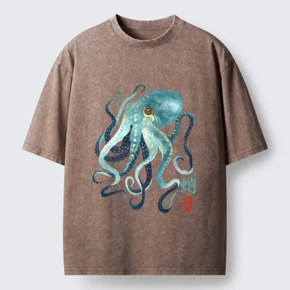 Tokyo-Tiger Soft Watercolor Octopus Japanese Art Washed T-Shirt