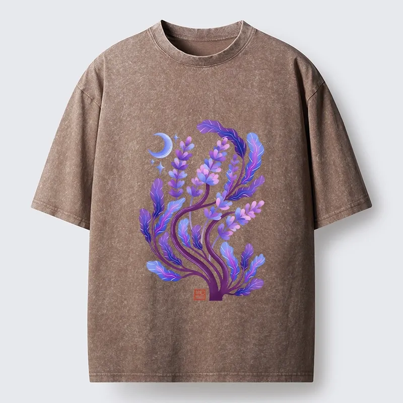 Tokyo-Tiger Peaceful Purple Floral Night Art Washed T-Shirt