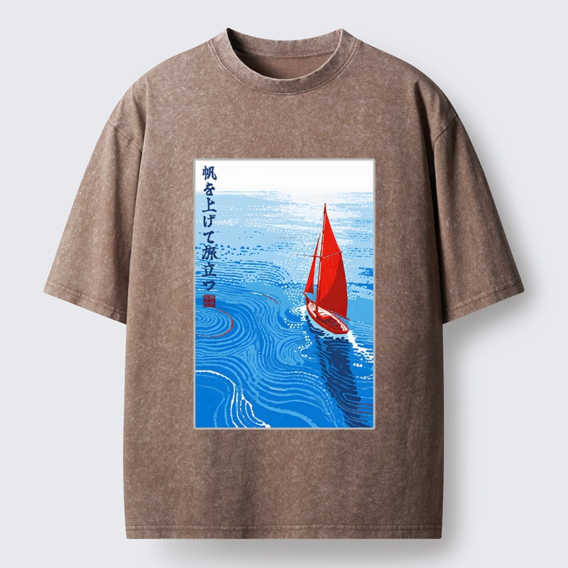 Tokyo-Tiger Bright Blue Sea Sail Journey Art Washed T-Shirt