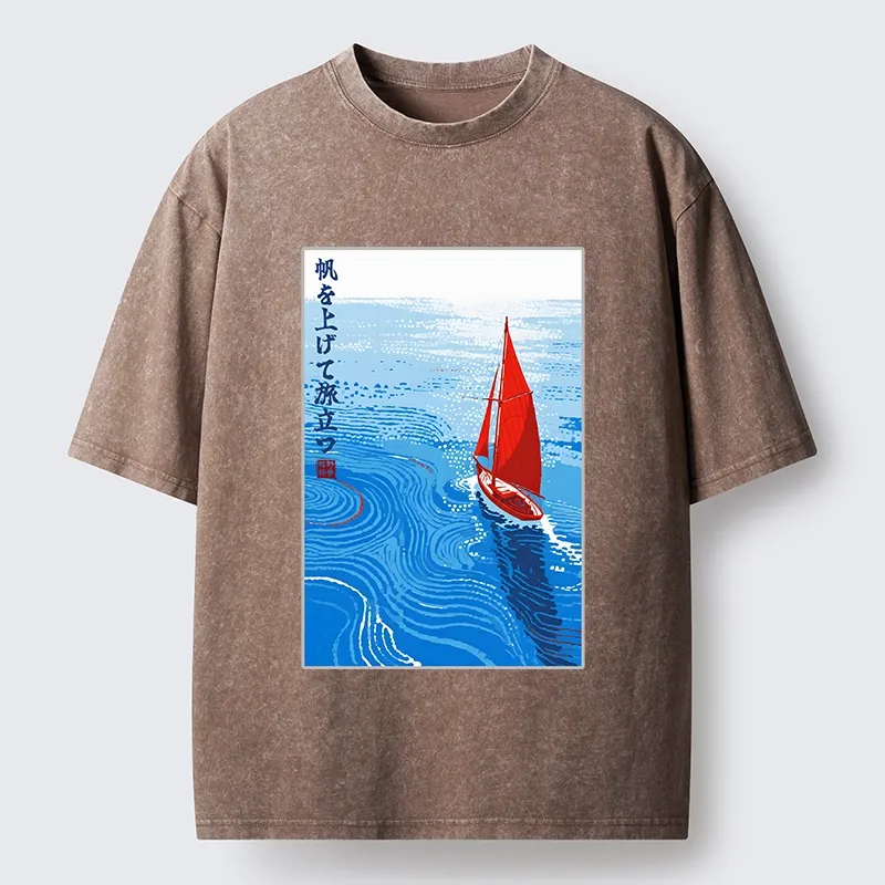 Tokyo-Tiger Bright Blue Sea Sail Journey Art Washed T-Shirt